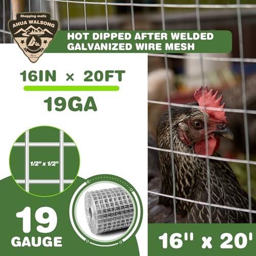Galvanized Hardware Cloth 1/2 inch 16'' x 20' (19 GA), Chicken Wire Fence for Pens, Coops, Rabbit/Snake Fences, Supports Garden Poultry Animal Netting Cage - size: 1/2" 19ga 16in x 20ft
