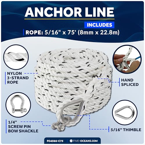 Five Oceans Anchor Line 5/16" x 75' - Anchor Rope Line, Marine Premium 3-Strand White Nylon Boat Anchor Rope - Stainless Steel Thimble and Shackle, Ideal for Mooring Anchoring Towing - FO4566-C75 - style: 5/16 inch x 75 ft