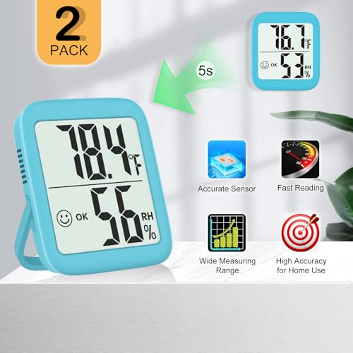 Antonki 2 Pack Room Thermometer Indoor Hygrometer | Monitor Temperature & Humidity, Accurate, Fast Read, Easy To View, Magnetic/Kickstand/Hanging, ℉/℃, w/ Battery, Compact - color: 2 Pcs* Clear Blue