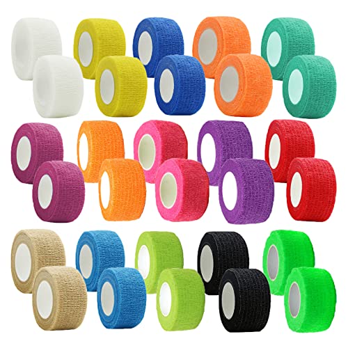 KISEER 30 Pack 1 Inch x 5 Yards Self Adhesive Bandage Assorted Color Breathable Cohesive Bandage Wrap Rolls Elastic Self-Adherent Tape for Stretch Athletic, Sports, Wrist, Ankle - size: 1 Inch