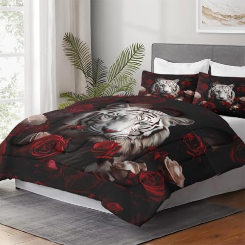 WeCozy Full Comforter Set, 3 Pieces White Tiger Bedding, All Season | Wild Animal Beautiful Red Rose Flower Soft Comforter with 2 Pillowcases for Kids and Adults Room Bedroom Bed Decor - color: Multi 6, size: Full