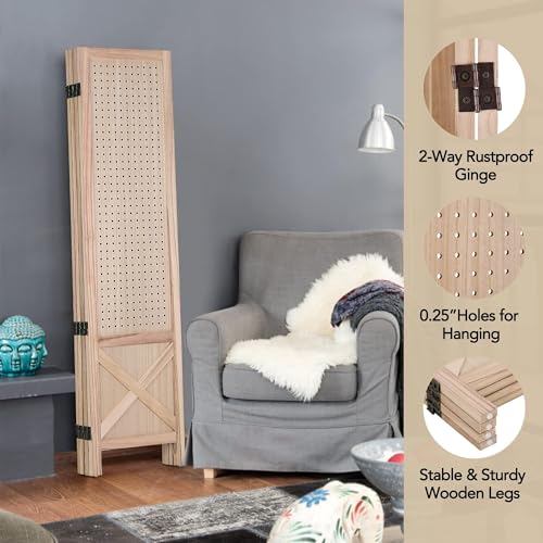 Wnutrees 4 Panel Pegboard Display,5 Ft Folding Privacy Screen Room Divider | Wood Portable Freestanding Board Organizer, Partition for Craft/Art Shows, Retail, Events, Wall Display, Natural - color: Natural