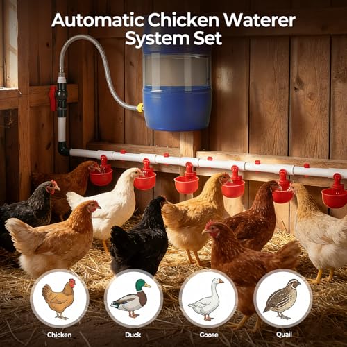 57 Pcs Automatic Chicken Waterer System Set, Chicken Watering System Kit with 8 Chicken Water Cups, Float Valve, Water System for Chickens Ducks Quail Poultry
