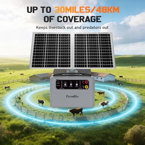 30 Miles/48km Solar Electric Fence Charger,15W Solar Powered Fencer with Adjustable 6KV to 12KV Output (0.3J-1.5J),Battery Level LCD Display,All-Weather Kit for Livestock,Deer,Farm,Yard - color: Gray
