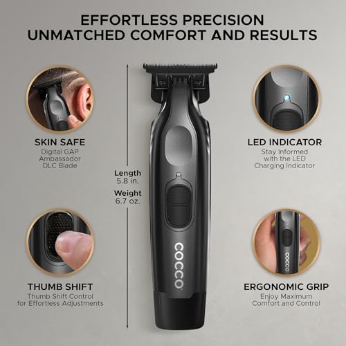 Cocco Veloce Pro Trimmer, Digital Gap Ambassador DLC Blade Edger | High-Torque Brushless BLDC Motor, Cordless, All-Metal Design, Lithium-Ion Battery, Charging Base Included