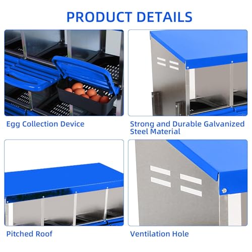 Chicken Nesting Boxes, 8 Hole Metal Chicken Laying Box with with Removable Trays and Roll Out Egg Collection for Chicken Coop, Blue - color: Blue, size: 46.3"L x 17.3"W x 10.8"H