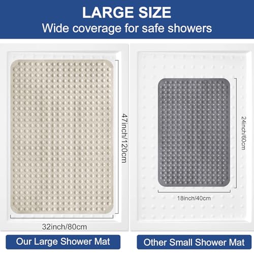 Shower Mat Non Slip: 47" x 32" Large Shower Mats for Inside Shower - Soft TPE Cuttable Anti Slip Shower Stall Mat with Drain Holes and Suction Cups - color: Khaki, size: 47" x 32" (Rectangular)