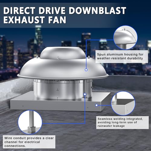 Roof Mounted Exhaust Fan Direct Drive Axial Downblast Exhaust Fan -19" Fan Base, 1/10 HP 830 CFM 115 Volt Single Phase Motor - size: RMD12