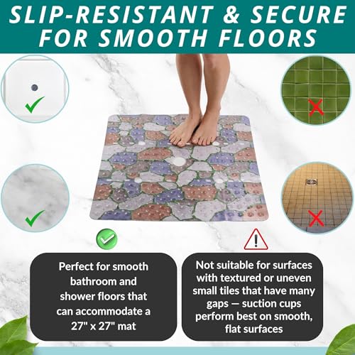 ENKOSI Square Shower Mat 27x27 inch - Anti Slip Shower Stall Floor Mat - Non Slip Shower Mats with Strong Secure Suction Cups and Drain Holes in Middle (27x27 Stone Path) - color: Stone Path