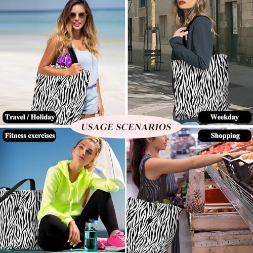 Canvas Tote Bag for Women，Cute Heavy-Duty Shoulder Bag with Zipper Pocket -Travel Tote for Grocery, Gym,Shopping - color: Zebra