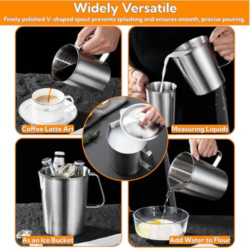 70 Oz Stainless Steel Pitcher with Lid, Graduated Measuring Cup | Stainless steel, 2L large mouth design, with lid, for latte art/iced tea/water, milk frothing jug, hot & cold drinks