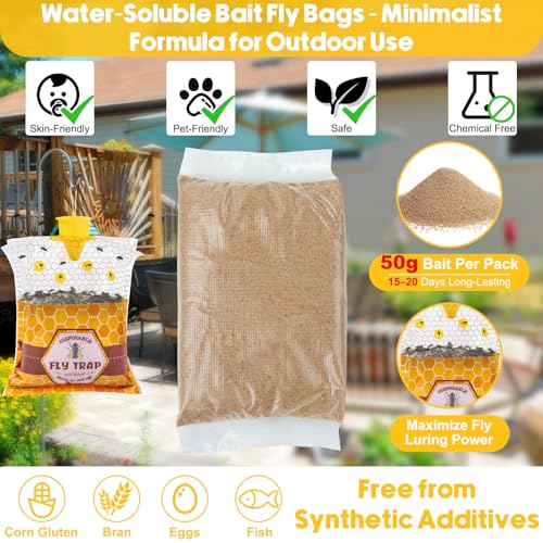 Large Hanging Fly Traps Outdoor with Dissolvable Bait Refills-6 Pack | Disposable 50g Pre-Baited Fly Hunter, Weatherproof Outdoor Fly Bags, Fly Catcher for Chicken Coop Barn Ranch Farm - size: 6 Packs