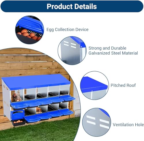 Chicken Nesting Box,10 Hole 2 Layer Hen Nest Boxes, Roll-Away Egg Collection System with Ventilation Holes，Rustproof Plastic Tray & Keyhole Mounting, Chicken Laying Box - color: Blue, size: 10 holes