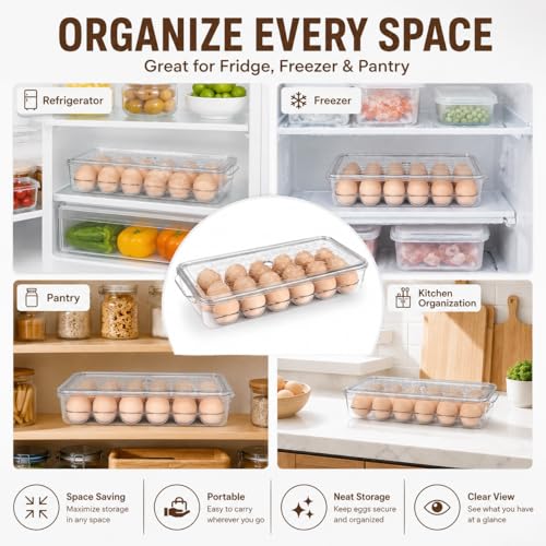 2 Pack 18 Egg Holder for Fridge - Plastic Stackable Egg Tray Holder With Lid - Egg Storage Container Organizer Bins with Air Hole and Handles for Refrigerator, Freezer, Pantry Organization - Clear