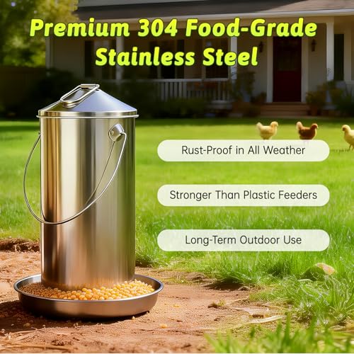 8.8 LB Stainless Steel Chicken Feeder, Gravity-Fed Poultry Feeder for Chickens & Ducks, Rust-Resistant Weatherproof Metal Feed Box with Handle, Large Capacity, Dry Feed Only