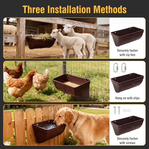 2 Pack Hanging Chicken Feeder Trough for Goat,Sheep,Dog.Livestock Feeding Container Goats Supplies Feeders Waterer Bucket (Brown)
