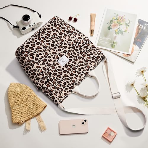 KALIDI Corduroy Tote Bag, Large Slouchy Hobo Messenger Crossbody Bag | Anti Splash Zipper Side Pockets Shoulder Bag Adjustable Strap Lightweight Casual Work Shopping Women - color: Leopard
