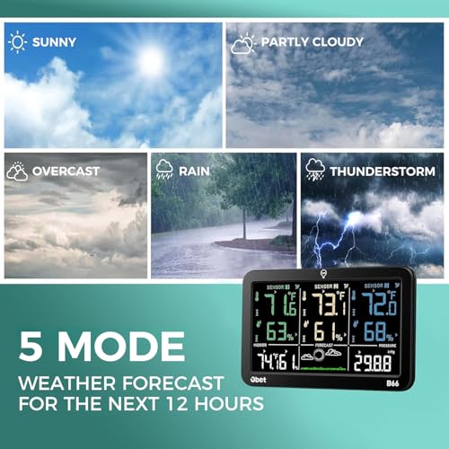 OBET Weather Station Wireless Indoor Outdoor Thermometer Wireless, Color Display Digital Temperature and Humidity Monitor with 3 Sensors, Alerts, Adjustable Backlight, USB Port (500 Feet) - color: Black-Large