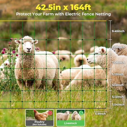 Electric Fence Netting, 164'L x 42.5" H, Portable Electric Fence for Goats, Livestock, Cattle, Sheep, 14 Double Spike Fiberglass Posts Pre-Assembled Net Fencing for Backyards, Farms and Ranches