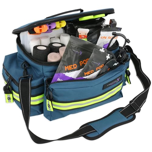 Lightning X Mid-Sized First Responder EMT Bag | LXMB25 | Fully Stocked w/ 248+ First Aid Supplies + Trauma Pak w/C.A.T. Tourniquet & QuikClot - Blue - color: Blue