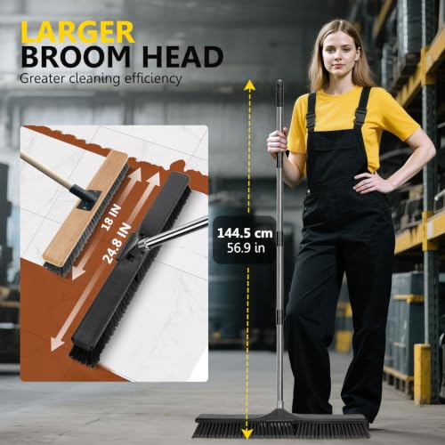 Masthome 24.8" Push Broom Heavy Duty Outdoor Stiff Bristle for Garage&Patio | 6-Layer Stiff Bristles|45° Angled Joint|Adjustable 47.2-56.9" Handle|Patio Garage Yard Concrete Cleaner|Non-Slip Rust Grip - color: Push Broom-black