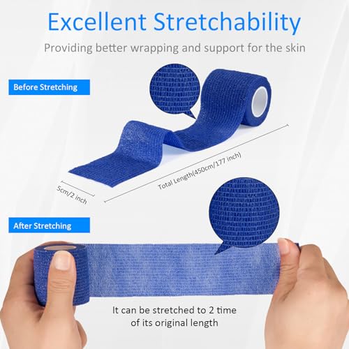 24Pcs Self Adherent Cohesive Bandages Wrap Self Adhesive 2 in Blue | Self Adherent Bandages Wrap First Aid Self Adhesive Bandage Elastic Sports Athletic Tape Wrist Ankle Pet Vet Wrap Grip Cover - color: Blue, size: 24Pcs