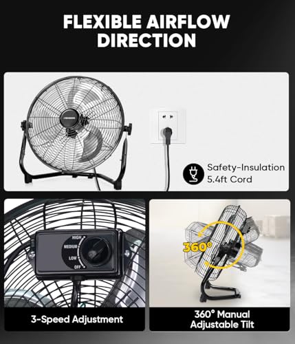 KEN BROWN 2300 CFM 14 Inch High Velocity Box Fan, Aluminum Blades Metal Floor Fan with 3 Speeds, 360° Tilt, Heavy Duty Metal, Cooling for Home Patio Industrial - size: 14 Inch Floor Fan
