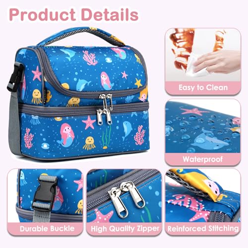 FlowFly Double Decker Cooler Insulated Lunch Bag Large Tote for Boys, Girls, Men, Women, With Adjustable Strap (Blue-Mermaid) - color: Blue-Mermaid