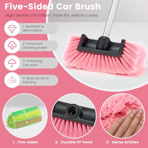 Car Wash Brush with Long Handle, 60'' Soft Bristle Cleaning Brush, Car Cleaning Brushes, Carwash Brushes for SUV, RV, Boat, Truck, House Siding, Sweep Snow,Pink - color: Pink