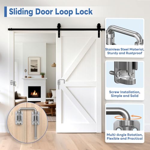 Sliding Door Loop Lock, 90/180 Degree Patio Door Latch, Silver | Stainless Steel Home Security Loop Latch for Sliding Barn/Single/Double Opening Gate, Shed, Closet, Window, Fence - color: Silver-1PC