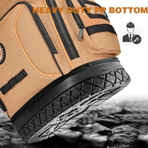 LOKASS 18.1-Inch Heavy-Duty Tool Backpack, 75 Pockets, Brown | 110 lbs Load Tested, 1680D Tear-Resistant Fabric, Removable Tool Panel, Combination Lock, Electricians, HVAC Pros - color: Brown