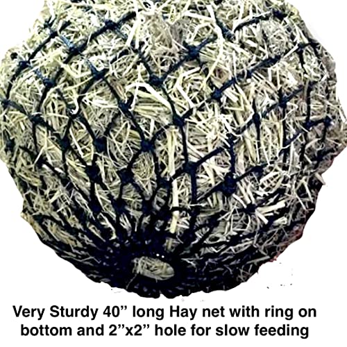 Majestic Ally 2”x2” Holes Slow Feed 40” Very Sturdy Hay Net with Bottom Ring for Desirous Horses, Nylon Rope Hanging, Adjustable Travel Feeder for Trailer, Stall, and Portable Wear. (Purple) - color: Purple