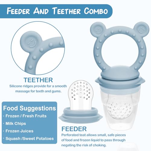 Baby Breastmilk Popsicle Molds & Fruit Feeder (2 Pack), Baby Food Freezer Tray Storage Containers, Silicone Teething Pacifier Feeder and Teether for Babies - Sky Blue - color: Q-Blue