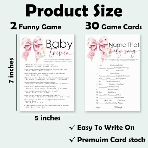Name That Baby Song & Trivia Theme Baby Shower Game Activities-30 Pink Bow & Floral Double-Sided Game Cards(5’’x7 ’’) & 1 Answer Card(4’’x6’’) For Boys & Girls-Gender Neutral Decor & Supplies-A02 - color: Name That Baby Song & Baby Trivia