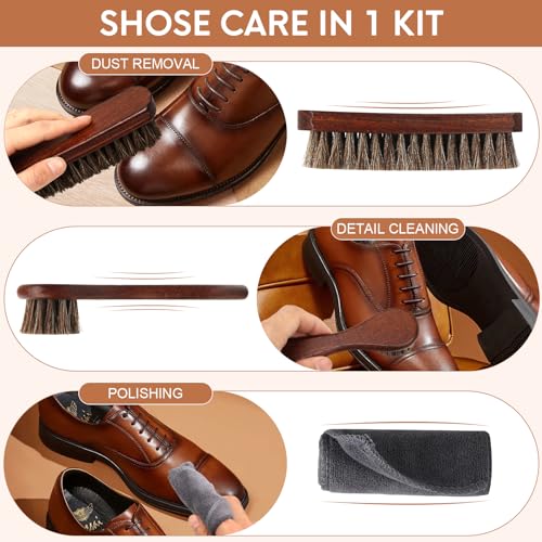 3pcs 100% Horse Hair Shoe Brush Kit Shoe Shine Kit Beech Wood Leather Care Set Suede Boot Cleaner Polish Applicator Dauber Buffing Cloth Soft Natural Bristles Men Gift Box for Boots Shoes Sneakers Car