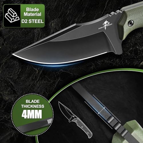 Purple Dragon Fixed Blade Knife - Full Tang Hunting Knife Green | Kydex Sheath, Forged from a Single Piece of D2 Steel, G10 Handle, Gift Box - size: 3 inch