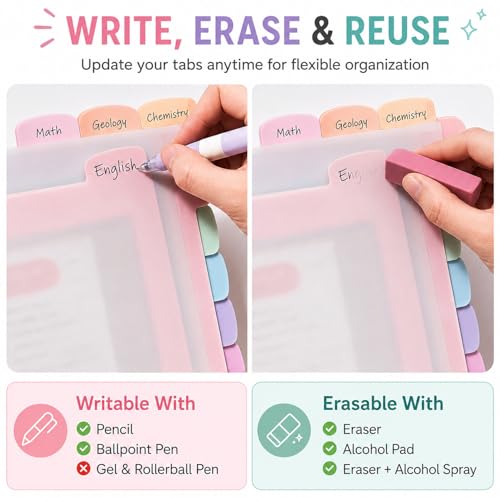 Pastel Binder Dividers, 2 Sets of 8 Tabs, Cute Pink, 3 Ring Binder | 2 sets of 8-tab pastel plastic binder dividers with large write-and-erase tabs, frosted centers, and 3-ring compatibility.