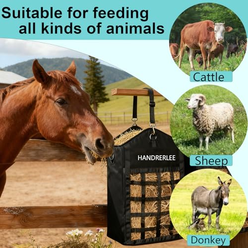 Hay Bags for Horses, 1PCS Slow Feed Hay Bags for Goats, Sheep, Donkey, Two-Sided Premium Oxford Hay Feed Bags and High Strength Metal Clasp, Easy to Hang with Adjustable Strap(Black, Large 1 Pack) - size: 1PCS