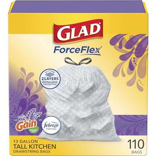 Glad ForceFlex Tall Kitchen Trash Bags, 13 Gal, Gain Lavender with Febreze, 110 Ct (Pack May Vary) - size: 110 Count (Pack of 1)