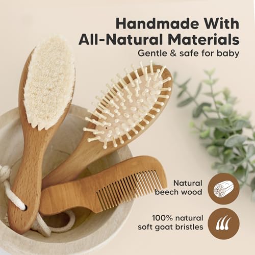 Wooden Baby Hair Brush Set for Newborns, Toddler Comb (Golden Oak, Regular) | Soft Goat Bristle, Baby Brush and Comb Set, Infant Grooming Kit, Cradle Cap Care, Durable & Gentle, Boy, Girl Bath Essential - color: Golden Oak, size: Oval, Regular 7"