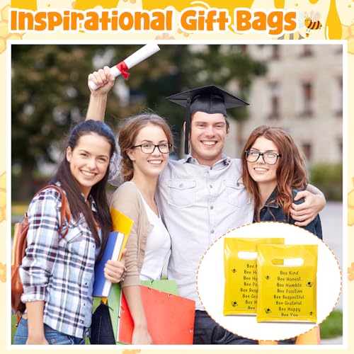 Coume 100 Pcs Bee Gift Bags Back to School Gifts Bags for Students Inspiration Quotes Plastic Goodie Snack Treat Bag with Handles Birthday Party Favors from Teachers, 6" x 8" - style: Bee Style