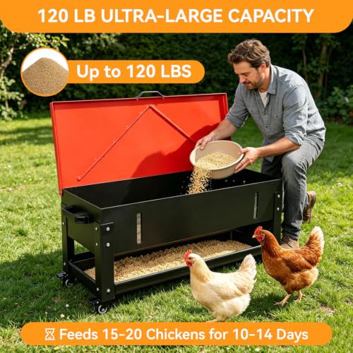 120 LB Large Chicken Feeder No-Waste, Heavy Duty Galvanized Metal Poultry Feeder with 360 Swivel Wheels, Rainproof Automatic Gravity Trough for Outside Coop, Chickens, Ducks, Geese