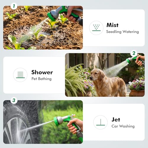 RESTMO Garden Hose Nozzle Heavy Duty, Rear Trigger Water Sprayer, Green | 7 Adjustable Spray Patterns, Durable Metal, Flow Control, Ideal for Plants & Lawns Watering, Cars & Pets Washing - color: Green