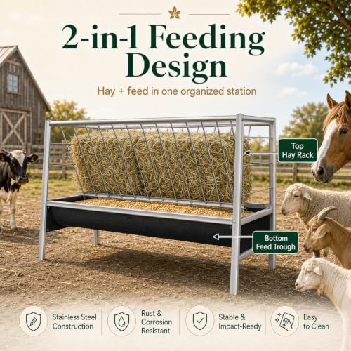 98 Gallon Livestock Feeder, Hay Feeder for Goats Sheep Calves and Horses | Anti-waste stainless steel goat feeder with rubber trough supports hay and feed access for goats, sheep, calves and horses.