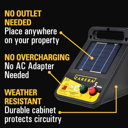 Zareba Solar Electric Fence Charger, 5 Mile Range Low Impedance Energizer | 360-Degree Rotation, T-Post Mounting Bracket, Rotational Grazing Fence Charger for Livestock & Cattle, Contain Animals