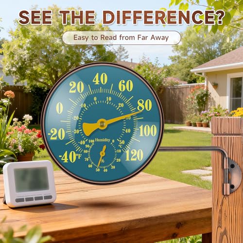 6 Inch Outdoor Thermometer and Humidity Gauge, Brass Analog Dial | Window Thermometer for Outside Temperature & Humidity Monitor, Battery Free for Patio Garage Greenhouse Garden Wall - color: Green, size: 6 Inch