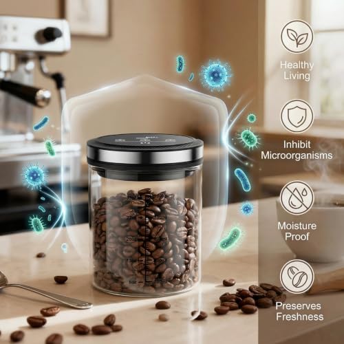 Vacuum Coffee Canister, One-touch Operation with Display, Standby Time Over 4500H, Vacuum Coffee Canister Suitable for Grain/Sugar/Tea Leaves/Flour, 1.2L Capacity with Large Feed Opening - size: 1.2L