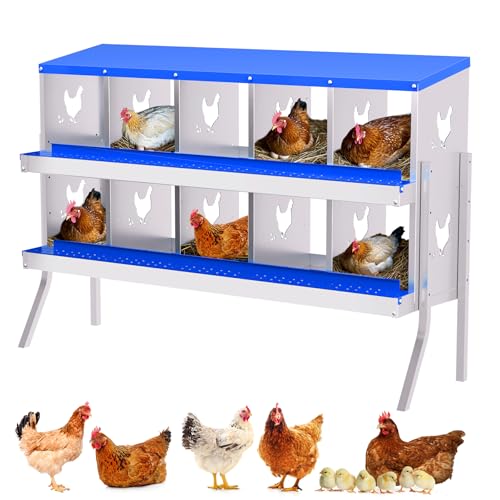 TrailBlaze Galvanized Steel Chicken Nesting Box - 10 Compartments, Roll Away Egg System, Rustproof, Ventilated, Removable Tray, Easy Clean, Bracket Included - Blue, 10 Compartments, with Bracket - color: Blue, size: 10 Holes with Legs