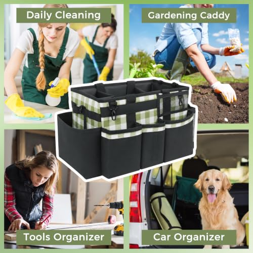 SCAVATA Wearable Cleaning Caddy, Cleaning Caddy Supplies Organizer with Handle & Shoulder Straps for Housekeepers, Under Sink & Car Cleaning Tool Organizers Bag with 4 Foldable Divider (GreenPlaid) - color: GreenPlaid