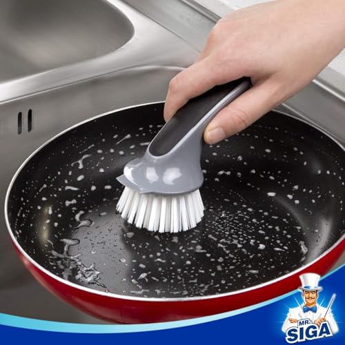 MR.SIGA Pot and Pan Cleaning Brush, Dish Brush for Kitchen, Gray, Pack of 2 | Dish brush with non slip handle and built in scraper - color: Black & Grey